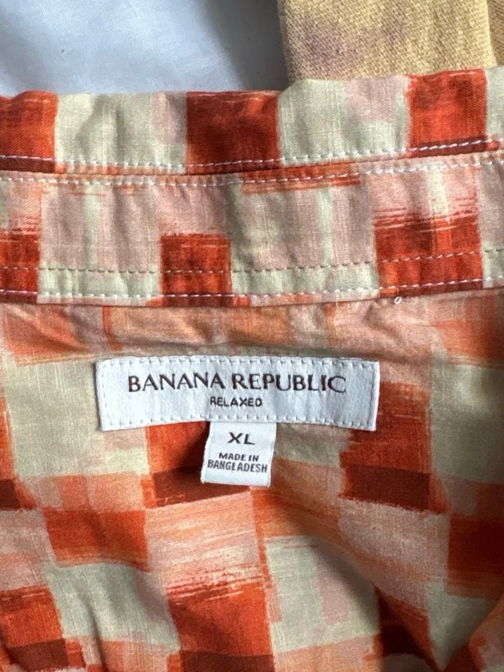 Banana Republic Orange and Cream Checked Short Sleeve Button-Up Shirt